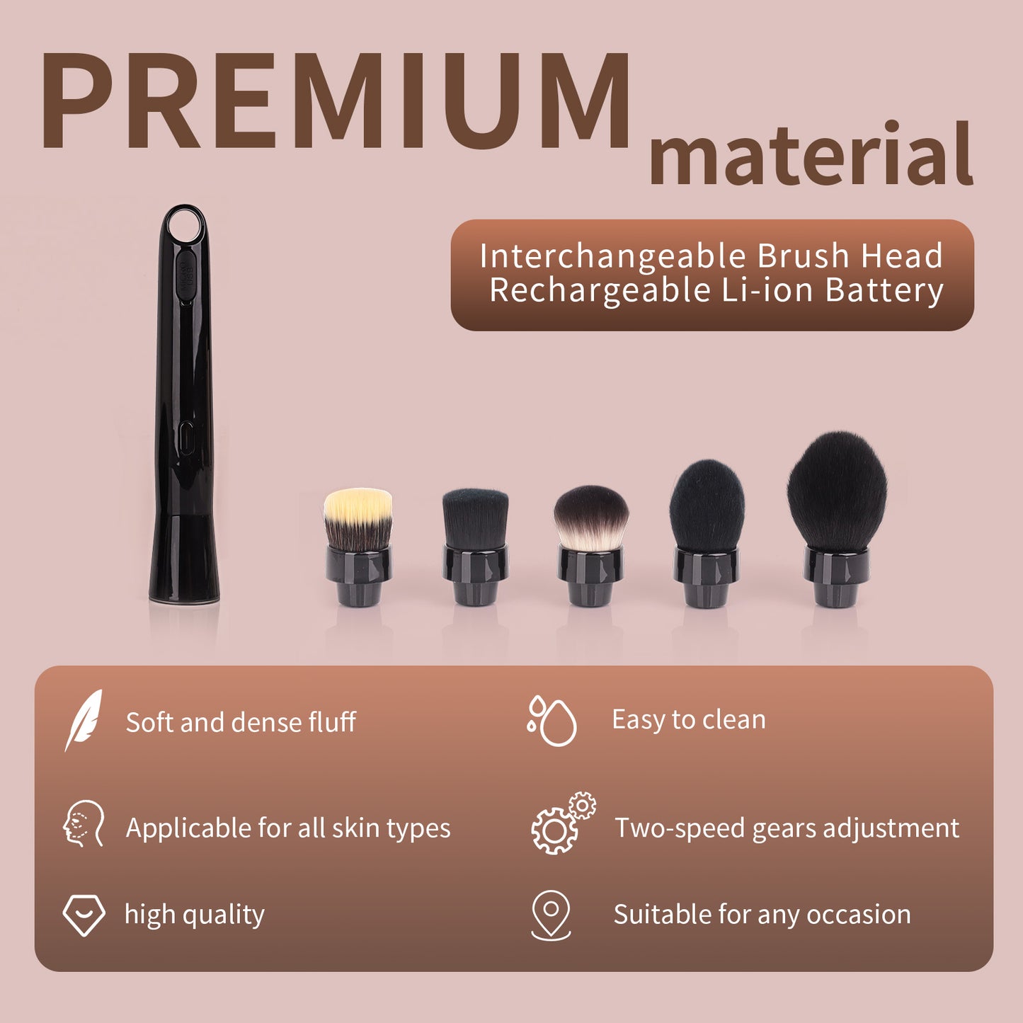 Electric Rotating Makeup Brush Set, 5 Vegan Brush Heads, Rechargeable Blending Face Brushes For Foundation, Blush, Powder, Bronzer, Contour, Highlight & Airbrush Finish, Flat Kabuki Brush