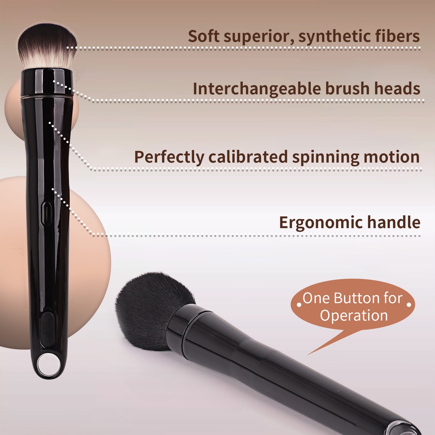 Electric Rotating Makeup Brush Set, 5 Vegan Brush Heads, Rechargeable Blending Face Brushes For Foundation, Blush, Powder, Bronzer, Contour, Highlight & Airbrush Finish, Flat Kabuki Brush