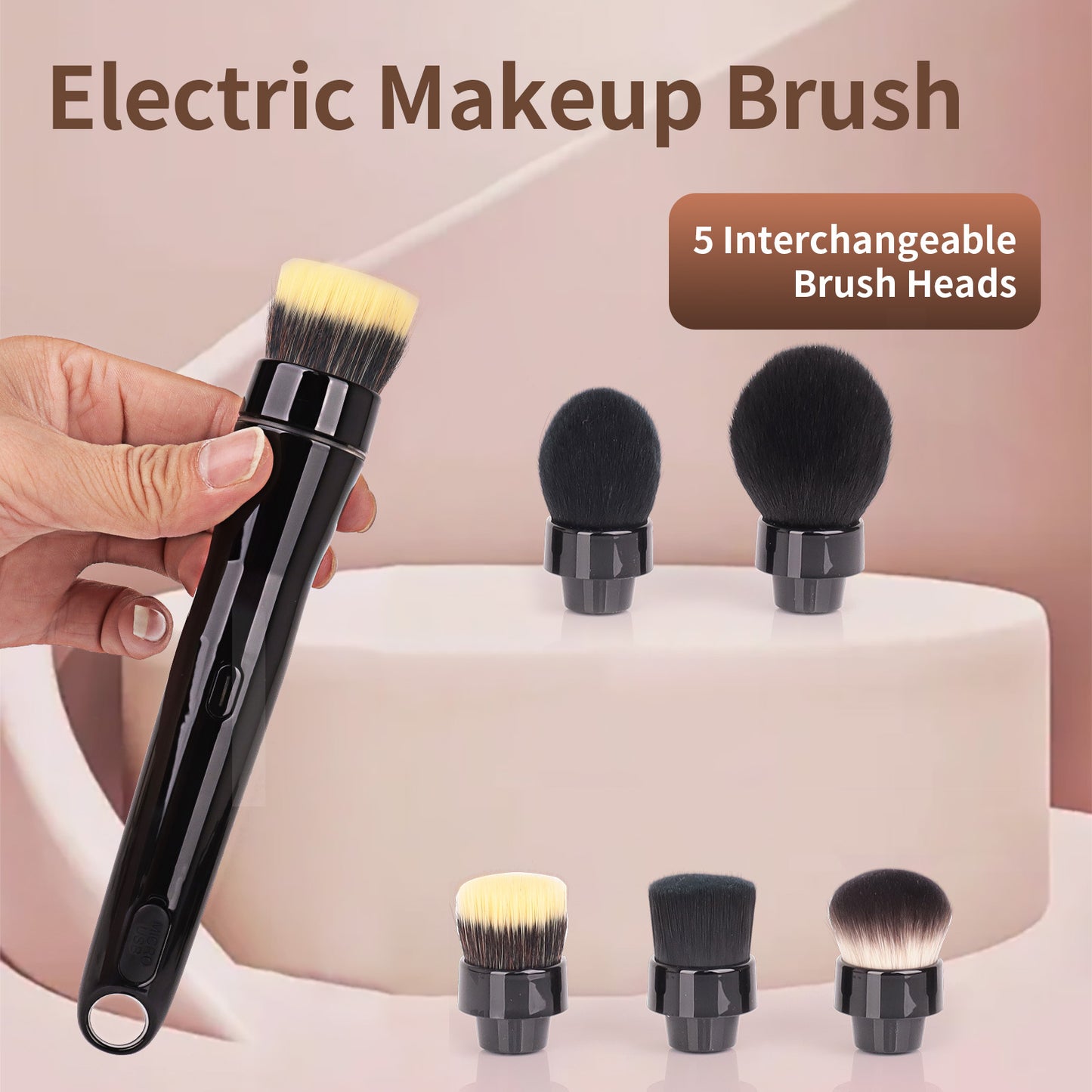 Electric Rotating Makeup Brush Set, 5 Vegan Brush Heads, Rechargeable Blending Face Brushes For Foundation, Blush, Powder, Bronzer, Contour, Highlight & Airbrush Finish, Flat Kabuki Brush