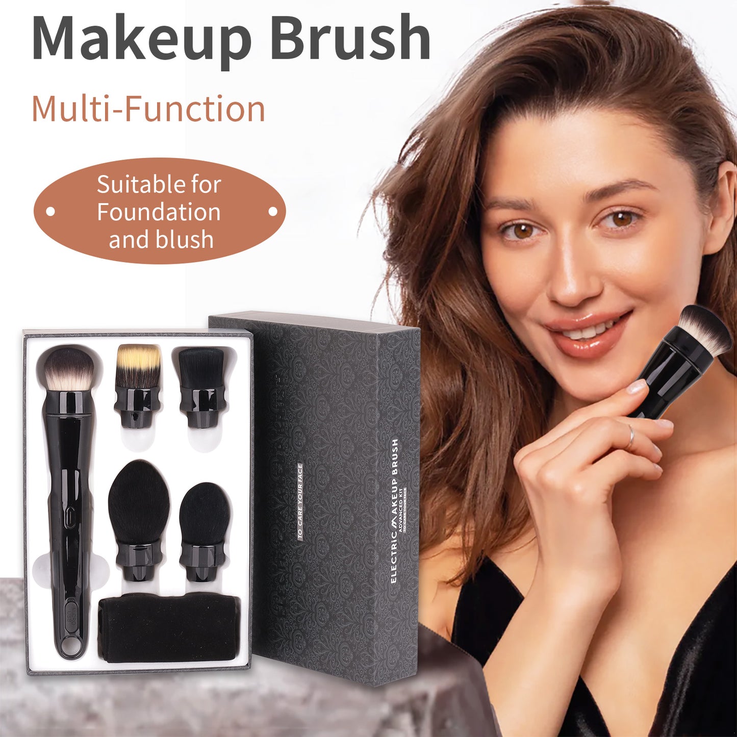 Electric Rotating Makeup Brush Set, 5 Vegan Brush Heads, Rechargeable Blending Face Brushes For Foundation, Blush, Powder, Bronzer, Contour, Highlight & Airbrush Finish, Flat Kabuki Brush