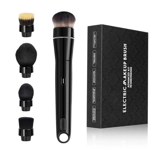 Electric Rotating Makeup Brush Set, 5 Vegan Brush Heads, Rechargeable Blending Face Brushes For Foundation, Blush, Powder, Bronzer, Contour, Highlight & Airbrush Finish, Flat Kabuki Brush