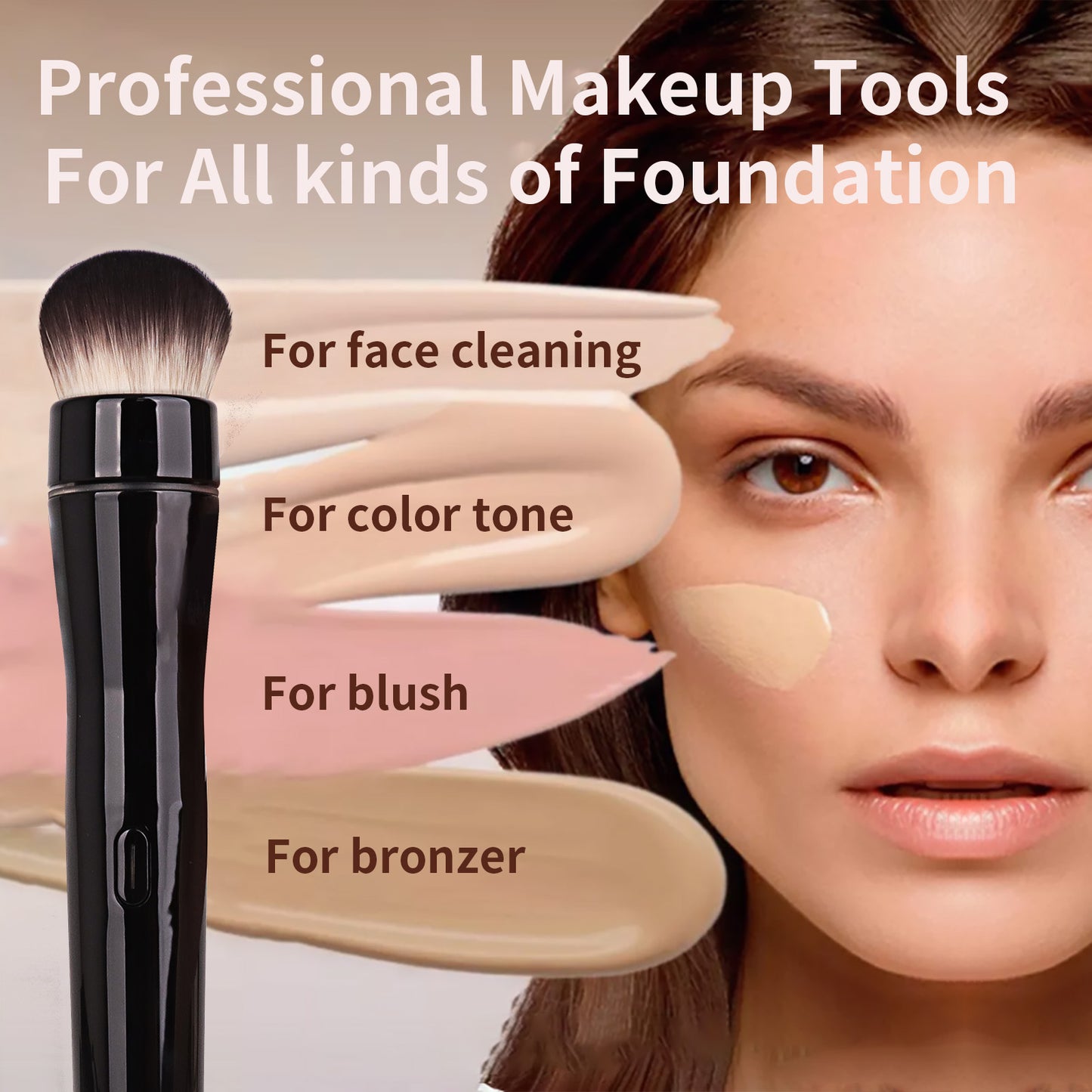 Electric Rotating Makeup Brush Set, 5 Vegan Brush Heads, Rechargeable Blending Face Brushes For Foundation, Blush, Powder, Bronzer, Contour, Highlight & Airbrush Finish, Flat Kabuki Brush